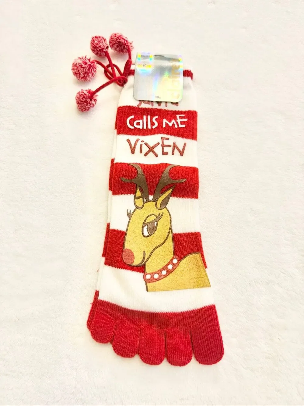 Christmas Reindeer Vixen Toe Socks Red White Striped Pom Pom Holiday Novelty
